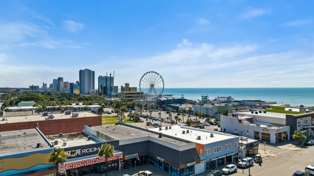 Aerial image of the Myrtle Beach Boardwalk and SkyWheel