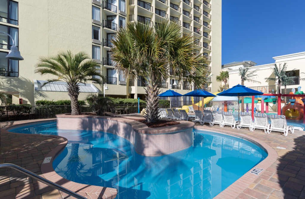Sea Crest Oceanfront Resort pool deck in Myrtle Beach
